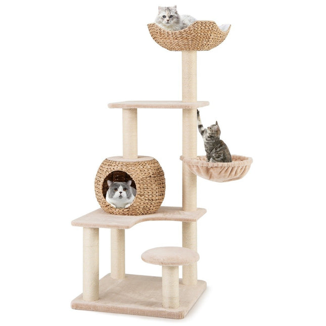 Scratching post with cat cave 150 cm high cat tree with hammock up to 10 kg beige + natural