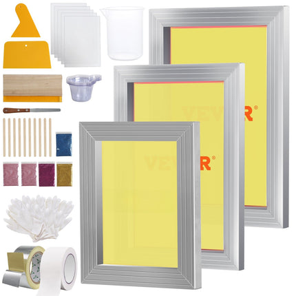 Screen Printing Kit, 3 Aluminum Frames 110 Mesh, Squeegee