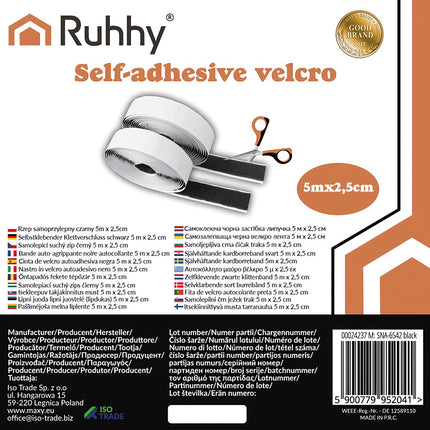 Self-Adhesive Velcro Tape, Black, 5m x 2.5cm