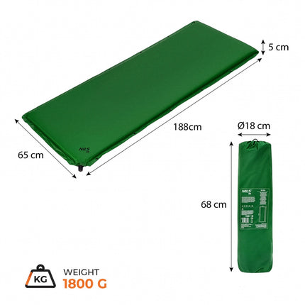 Self-Inflating Sleeping Mat, 188x65x5 cm, Green
