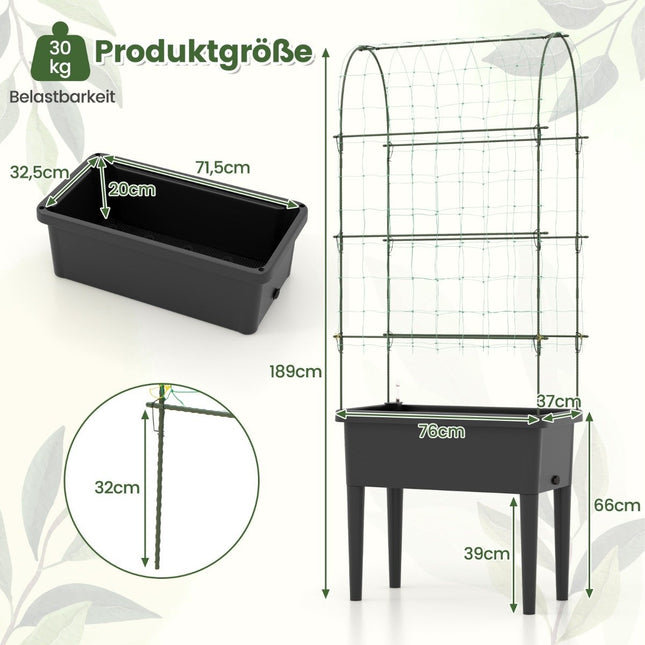 Self-watering raised bed with trellis & water level indicator & drainage holes