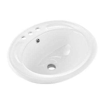 Semi-Recessed Bathroom Sink, Oval White Ceramic, 3 Holes, Overflow