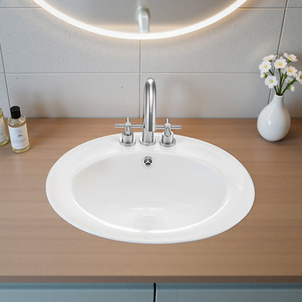 Semi-Recessed Bathroom Sink, Oval White Ceramic, 3 Holes, Overflow