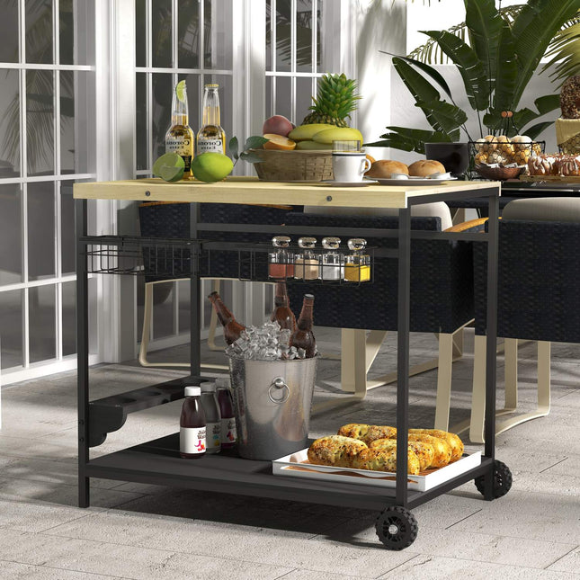 Outdoor garden cart - 2 tiers, fir wood, storage basket