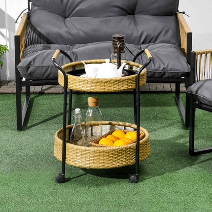 Outdoor rattan cart with shelves and steel frame
