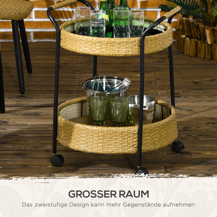 Outdoor rattan cart with shelves and steel frame