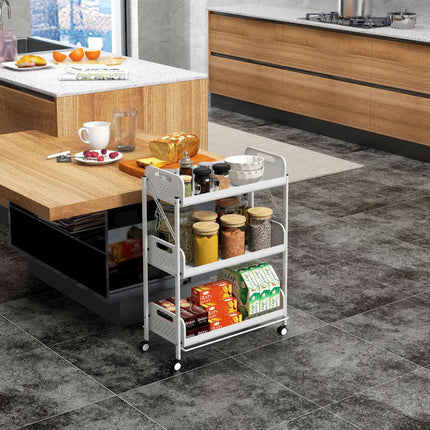 Folding 3-level serving trolley in steel with net baskets