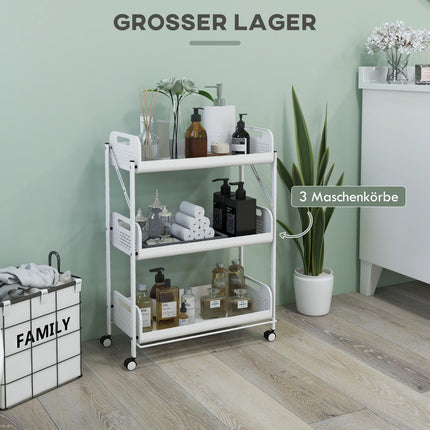 Folding 3-level serving trolley in steel with net baskets