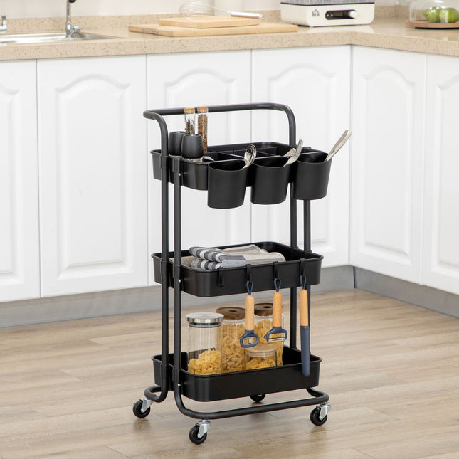 3-level serving trolley in steel with baskets and hooks