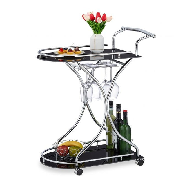 Serving trolley chrome and black glass