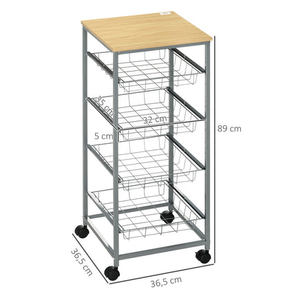 Kitchen trolley with metal baskets, silver, 36.5 x 89 cm