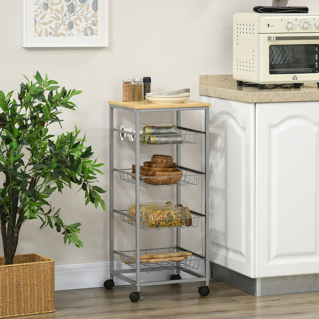 Kitchen trolley with metal baskets, silver, 36.5 x 89 cm
