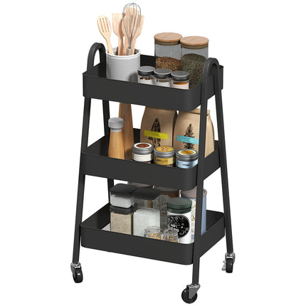 Black 3-story kitchen trolley with wheels and brake