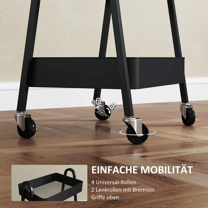 Black 3-story kitchen trolley with wheels and brake