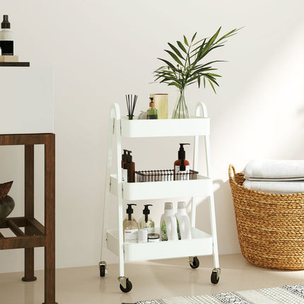 White 3-story kitchen trolley with wheels and brakes