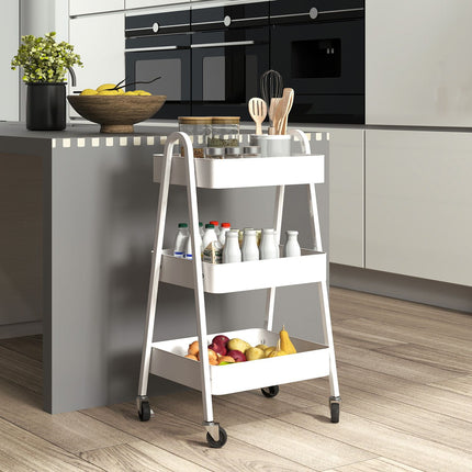 White 3-story kitchen trolley with wheels and brakes
