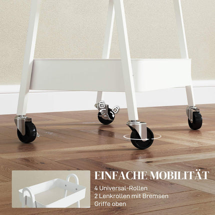 White 3-story kitchen trolley with wheels and brakes