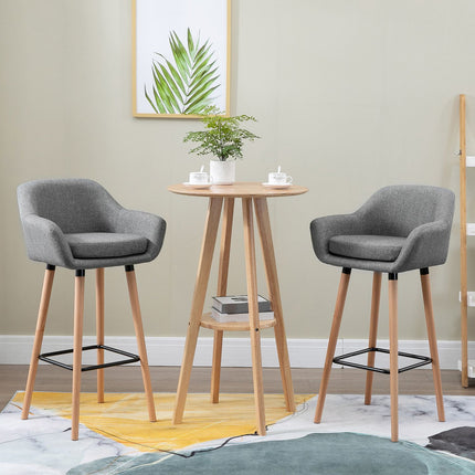 Set of 2 gray barstools, linen cushions, footrest