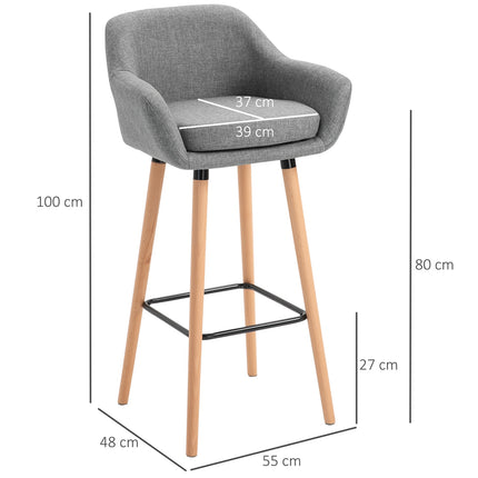 Set of 2 gray barstools, linen cushions, footrest