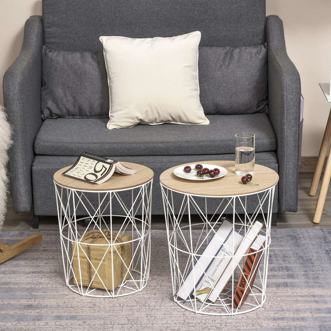 Set of 2 round coffee tables, natural & white MDF, metal