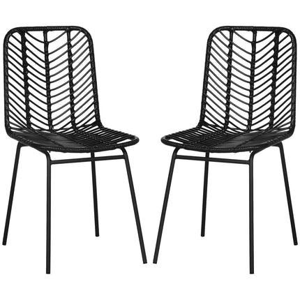 Set of 2 dining chairs in black rattan with backrest