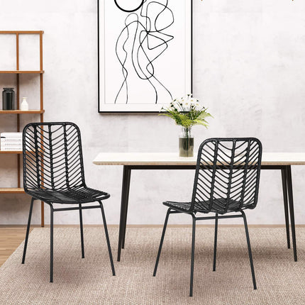 Set of 2 dining chairs in black rattan with backrest