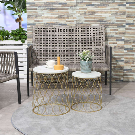 Set of 2 metal outdoor side tables, gold & white design