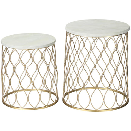 Set of 2 metal outdoor side tables, gold & white design