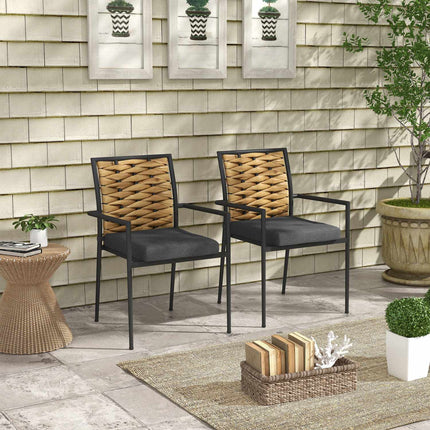 Rattan garden chairs, stackable with cushions, black