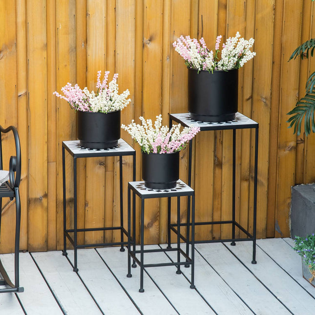 Set of 3 plant stands in black and gray metal with ceramic tops