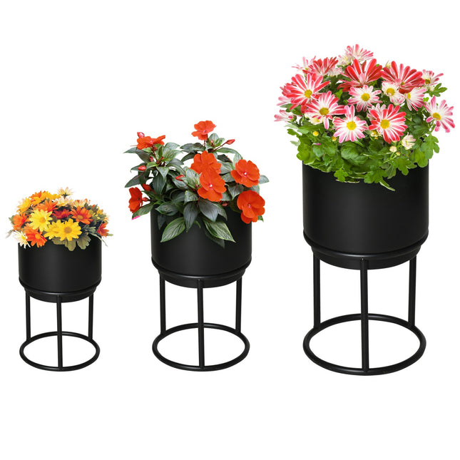 Set of 3 black stackable flower stands with pots