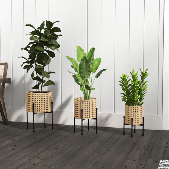Gold Rattan-Look Plant Stand Set, indoor/outdoor, 3-piece