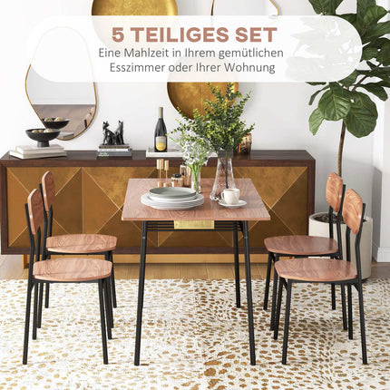 Dining table set with 4 chairs, teak and steel, modern design
