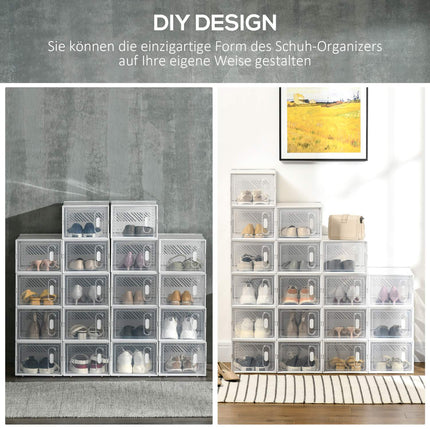 Modular shoe storage boxes with clear doors, set of 18