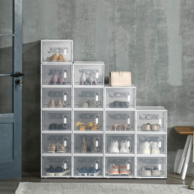 Zestaw 18 pudełek na buty, organizer na buty z drzwiczkami magnetycznymi, pudełko na buty z pokrywką, plastikowy pojemnik na buty, na buty do rozmiaru 45, przezroczysty + biały Aosom