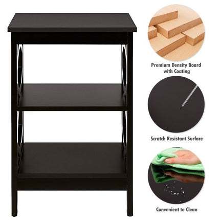 Set of 2 3-Tier Nightstands, Open Shelf, Espresso