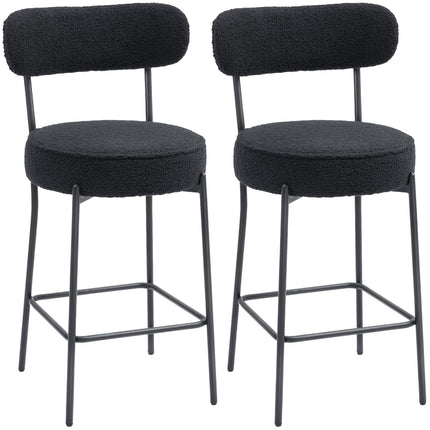 Set of 2 Bar Stools, Padded Seat, Fleece, Black
