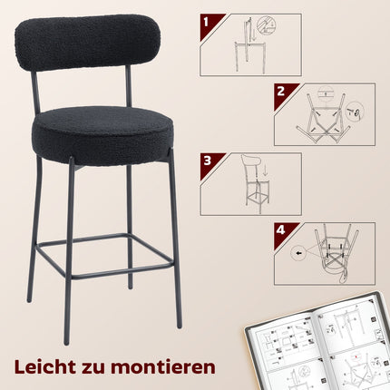 Set of 2 Bar Stools, Padded Seat, Fleece, Black