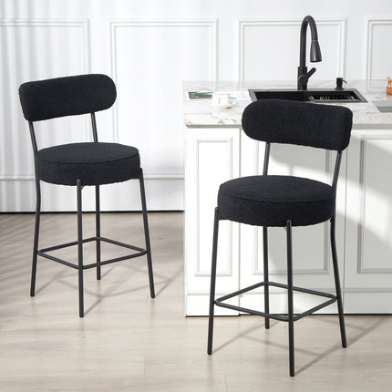 Set of 2 Bar Stools, Padded Seat, Fleece, Black