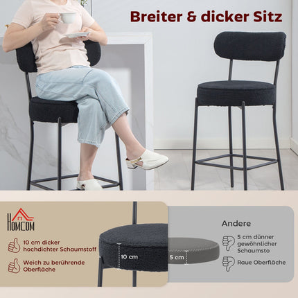 Set of 2 Bar Stools, Padded Seat, Fleece, Black