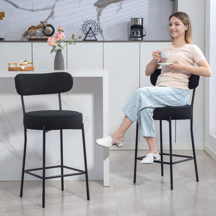 Set of 2 Bar Stools, Padded Seat, Fleece, Black