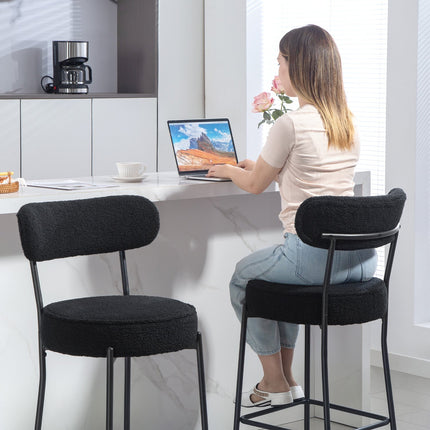 Set of 2 Bar Stools, Padded Seat, Fleece, Black