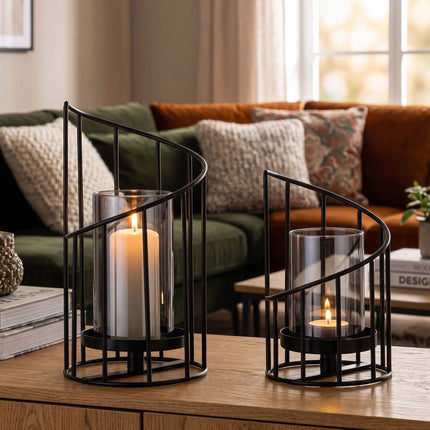 Set of 2 Black Iron Glass Lanterns for Candles