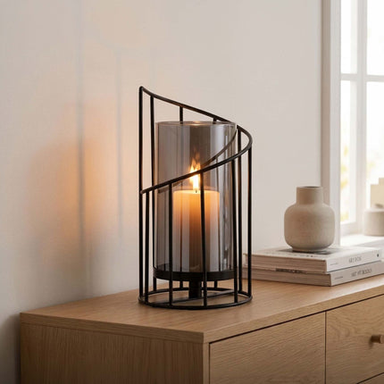 Set of 2 Black Iron Glass Lanterns for Candles