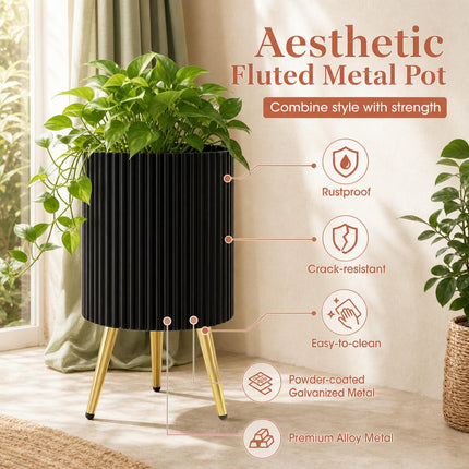 Set of 2 Black Metal Planters with Gold Legs and Drainage