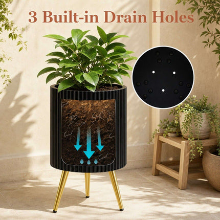 Set of 2 Black Metal Planters with Gold Legs and Drainage