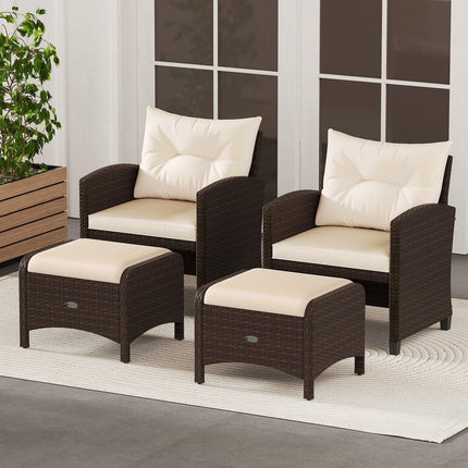 Set of 2 Brown Rattan Pouf Stools with Cushions