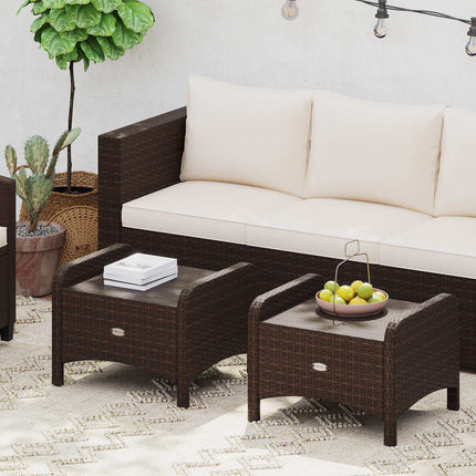 Set of 2 Brown Rattan Pouf Stools with Cushions