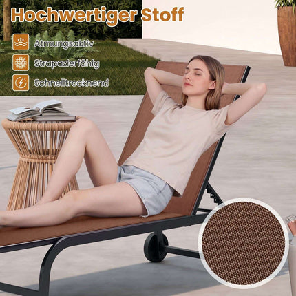 Set of 2 Brown Sun Loungers with Wheels & Adjustable Backrest