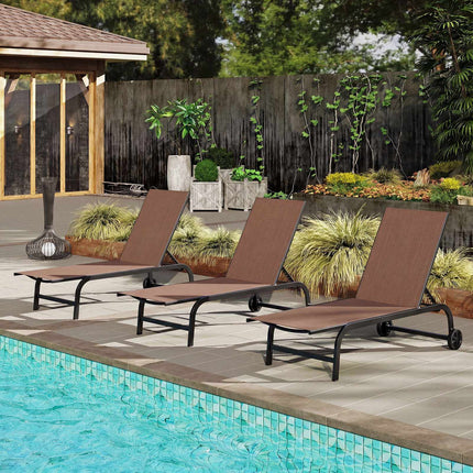 Set of 2 Brown Sun Loungers with Wheels & Adjustable Backrest